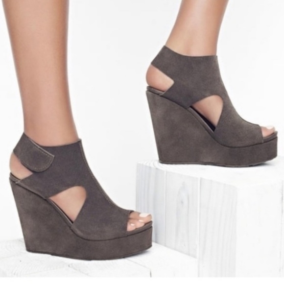 Pedro Garcia Shoes - Pedro Garcia Grey Suede Peep Toe Slingback Velcro Platform Wedge Sandal 7.5